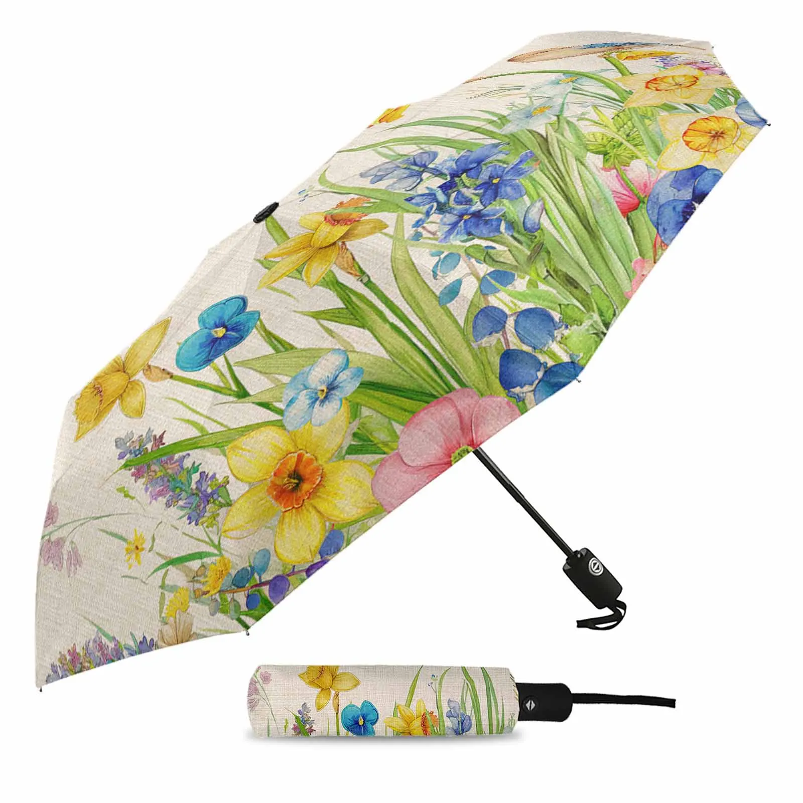 Flowers Birds Daisies Flower Automatic Umbrella for Rain Foldable Parasol Umbrella Eight strand Outdoor Umbrellas