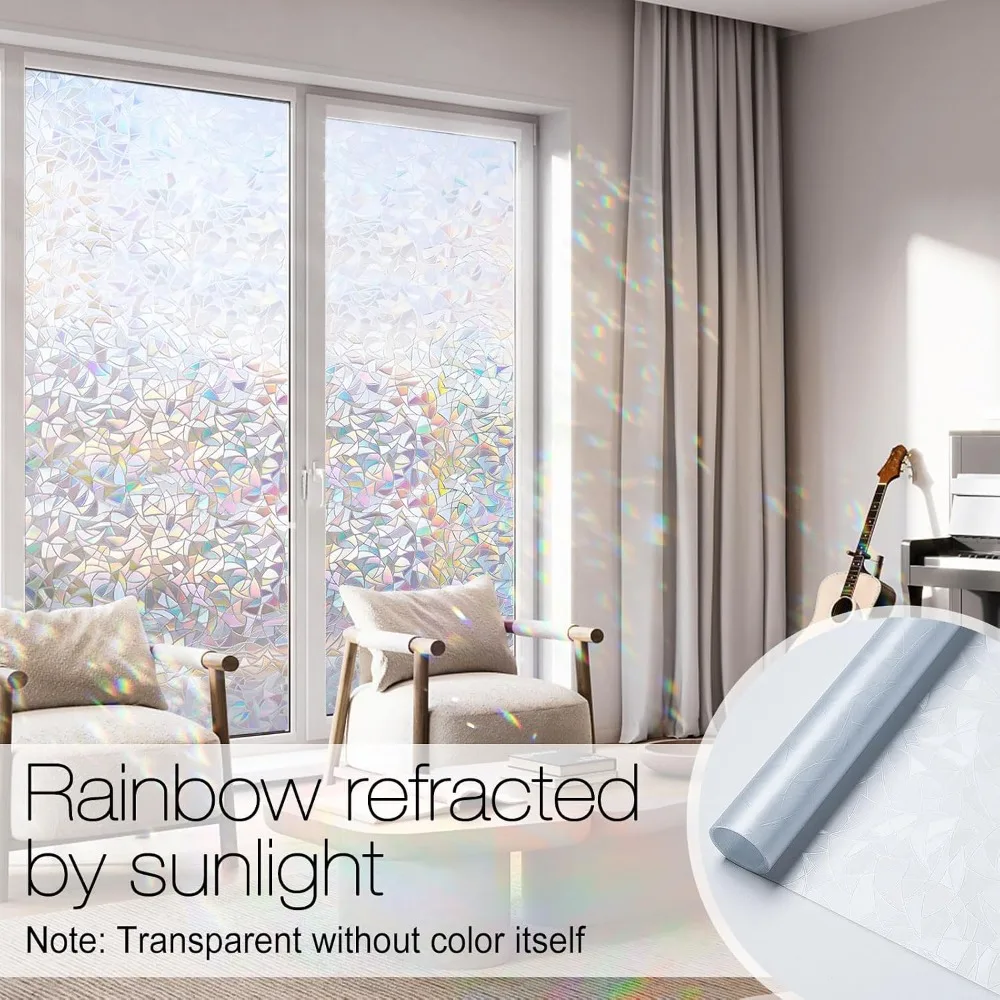 Window Privacy Film Static Cling Stained Glass Decorative Window Sticker 3D Rainbow Tint for Home Heat Control Non Adhesive 17.5 x 78.7 Inches