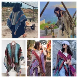 Bohemian Styles Women Tassel Shawl Ethnic Style Splicing Outer Covering Rhombic Stripe Photography Props Mongolian Poncho