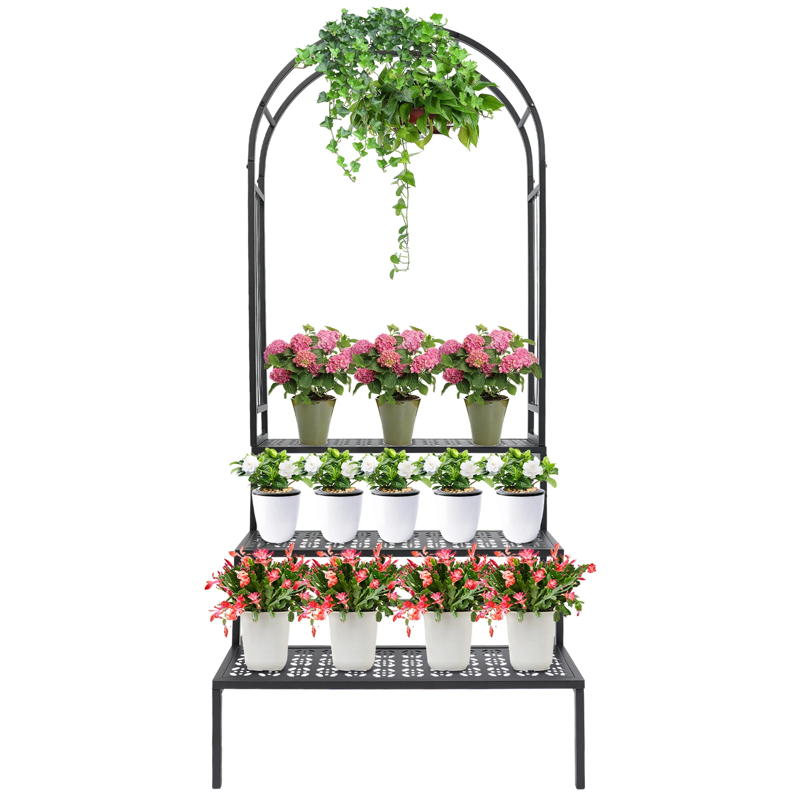 Modern 3-Tier Metal Plant Stand Indoor/Outdoor Flowerpot Shelf Organizer w/ Garden Arch Rust-Resistant for Multipurpose Display