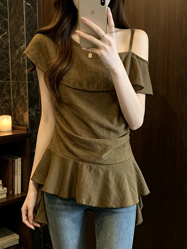

plus Size Summer New Style Advanced Feelings Lace Trim Strap Shoulder Short Sleeve Shirt for Fat Women Tight Waist Asymmetric...