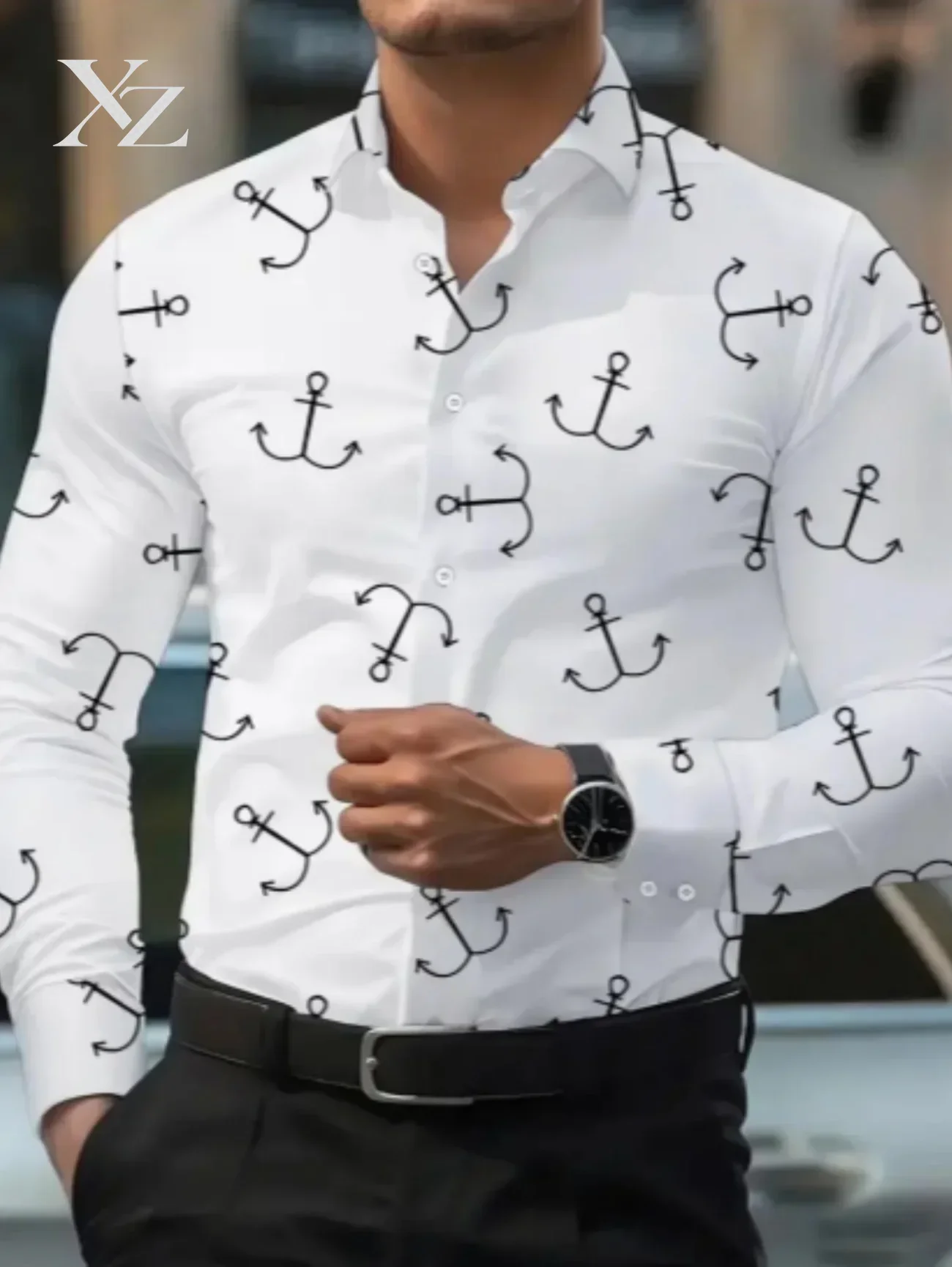 Men's Long Sleeve Shirt Casual Striped Flower 3D Boat Anchor Print High Quality Fashion Top Shirt