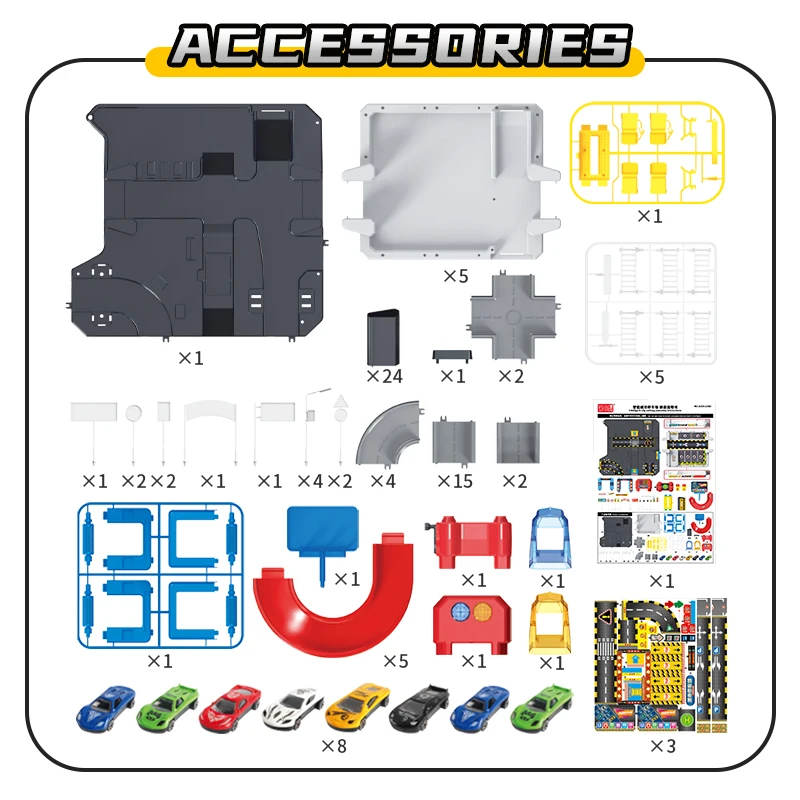 Pista de estacionamento infantil, montagem criativa, carro de brinquedo com 2 carros de liga, quebra-cabeça de aventura, brinquedos de estacionamento de cidade