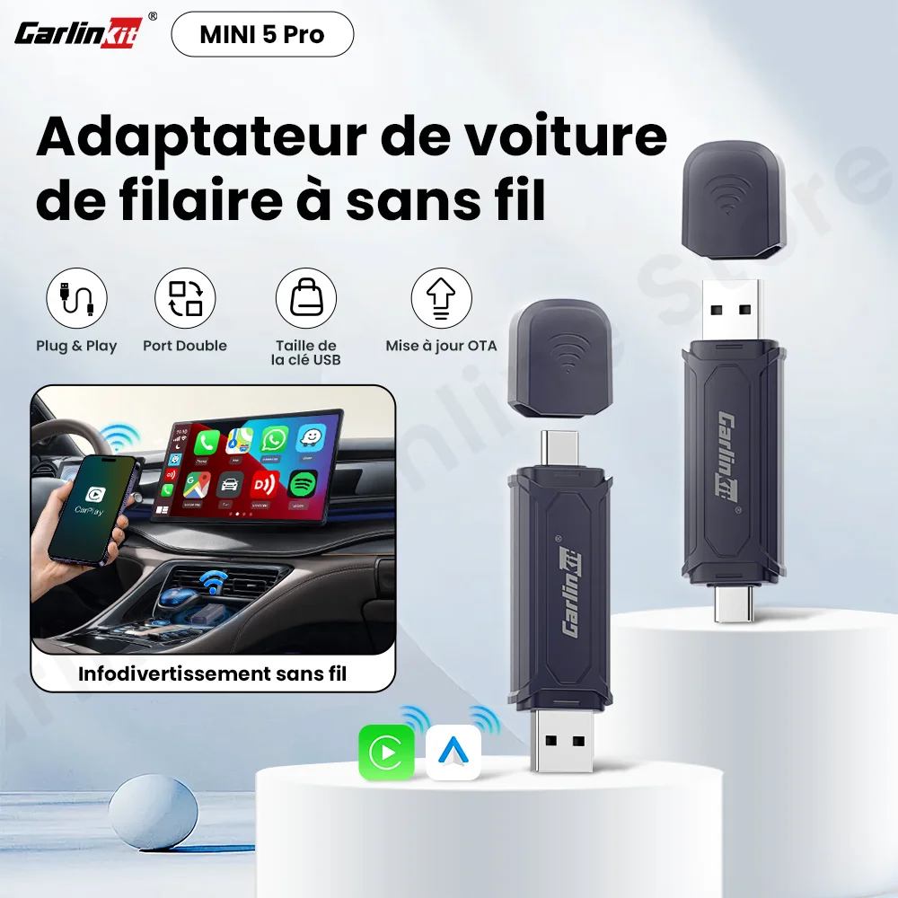 Carlinkit Mini 5/5 Pro sans fil Carplay Android adaptateur automatique pour systèmes intelligents de voiture mise à niveau connexion sans fil Wifi Ble
