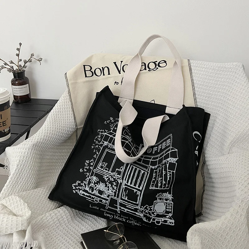 Women Canvas Shoulder Bag Coffee House Shopping Bags Black Thick Cotton Purse Student Books Tote Female Shopper Cloth Handbag