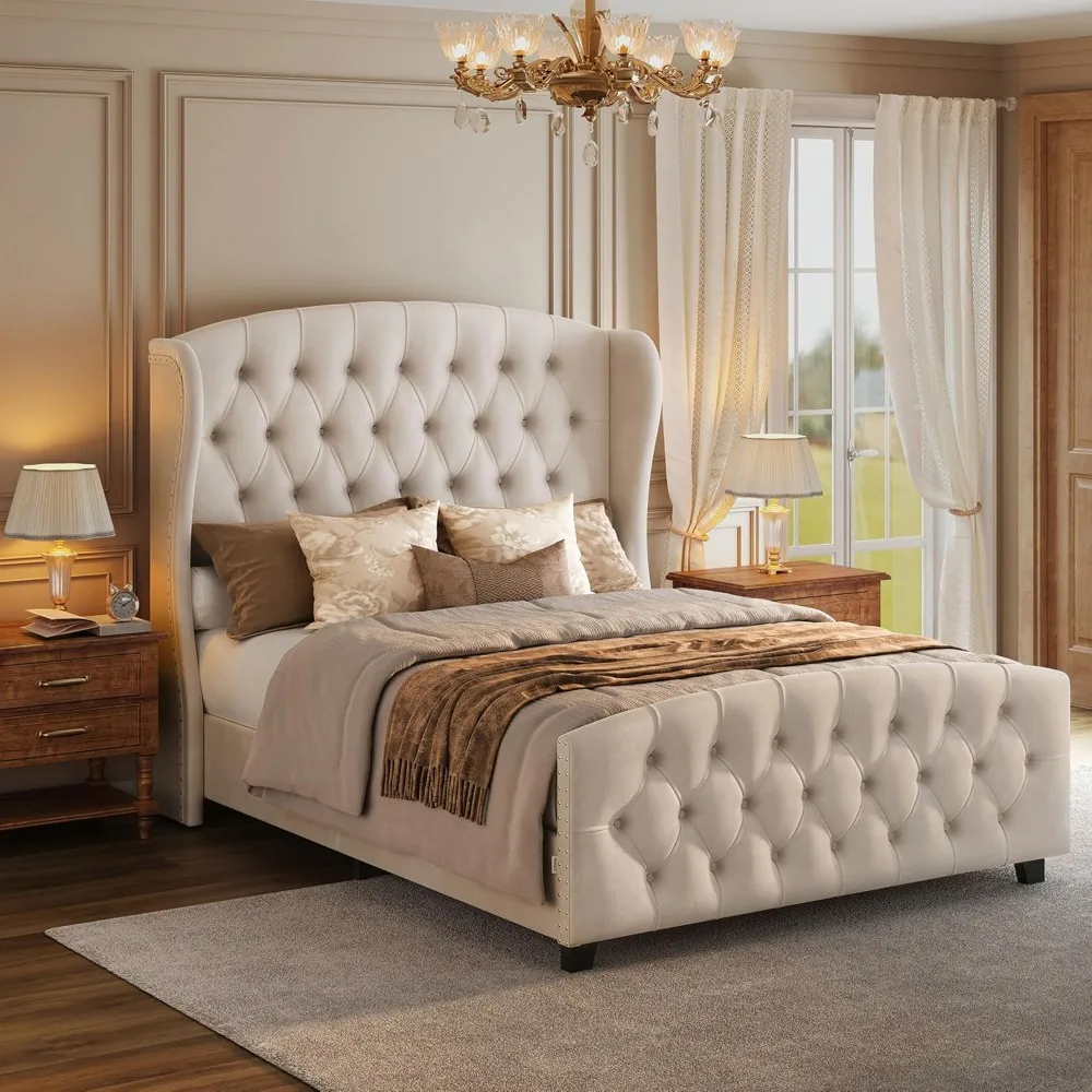

Queen Bed Frame with Tall Headboard, Upholstered Platform Bed Frame Queen Size, with Wingback Tufted Headboard and Footboard