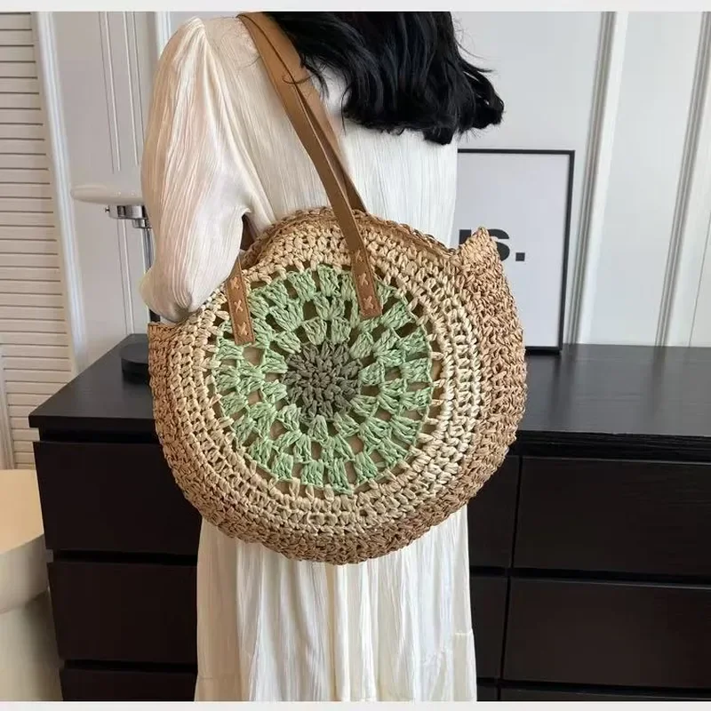 Bolso de playa de paja tejido a mano, bolso de vacaciones para la playa, bolso de hombro de gran capacidad para mujer