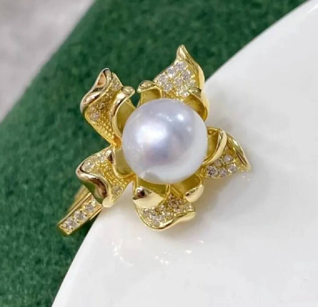 

S925 Silver Huamei Exquisite Adjustable Ring AAA9-10mm10-11mm Natural South Sea White Pearl Ring