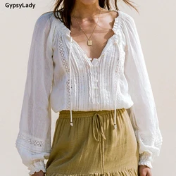 GypsyLady camicia camicetta Vintage in pizzo bianco 100% cotone primavera manica lunga lanterna scollo a v camicetta Sexy trasparente camicia da donna Chic