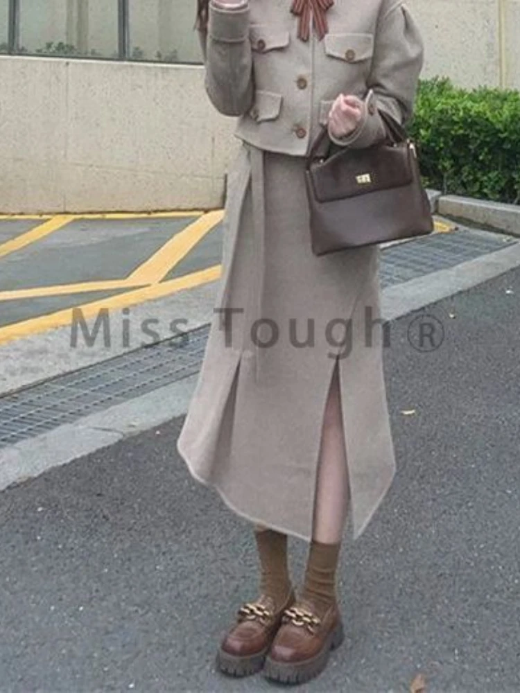 France Sweet RetroTwo Piece Set Women Chic Solid Mini Coat + Irregular Skirt Suit New Elegant Y2k Style Street Fashion Clothes