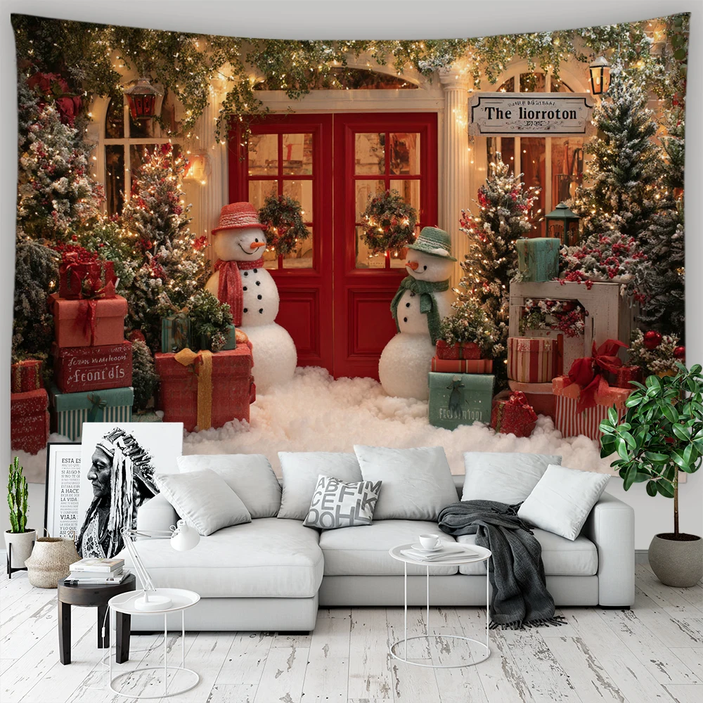 Christmas Tree Outside Window Winter Cedar Christmas wreath Wall Hanging Christmas Tapestry Home Living Room Sofa Decor Tapestry