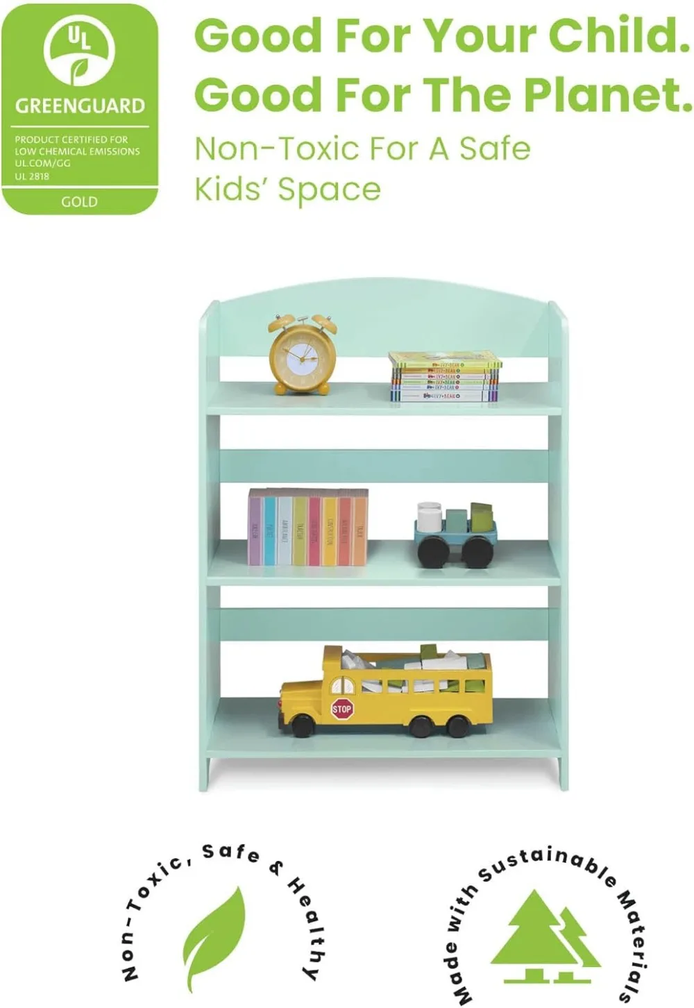 Kids Bookshelf with 3 Shelves, Greenguard Gold Certified, Mint Color - Safe & Durable