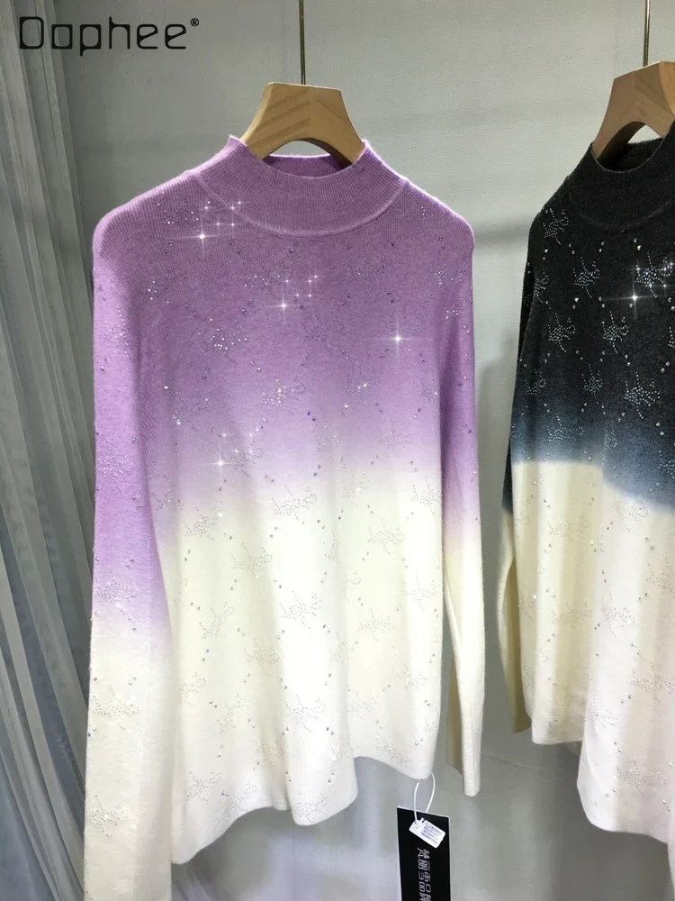 

Woman's Half Turtleneck Rhinestone Knitwear Autumn and Winter New Elegant Tie-Dyed Slim Long Sleeve Knitted Bottoming Sweaters