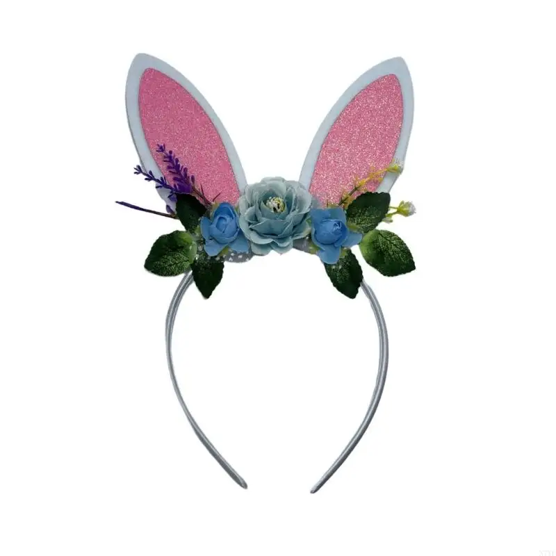 N7YF – bandeau oreilles lapin pour adultes adolescents, bandeau à fleurs pour filles, diffusion en direct, décoration