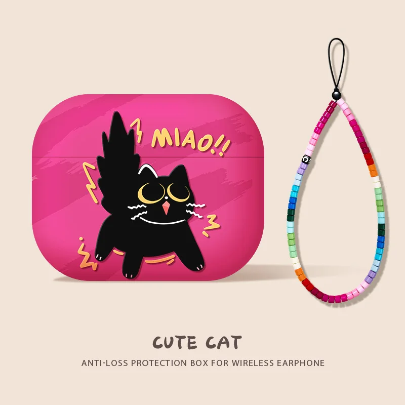 For AirPodsPro3 Pro2 Pro for AirPods1 2 3 4th Generation Wireless Bluetooth Headset Cover Cute Cat Soft Shell with Hanging Chain