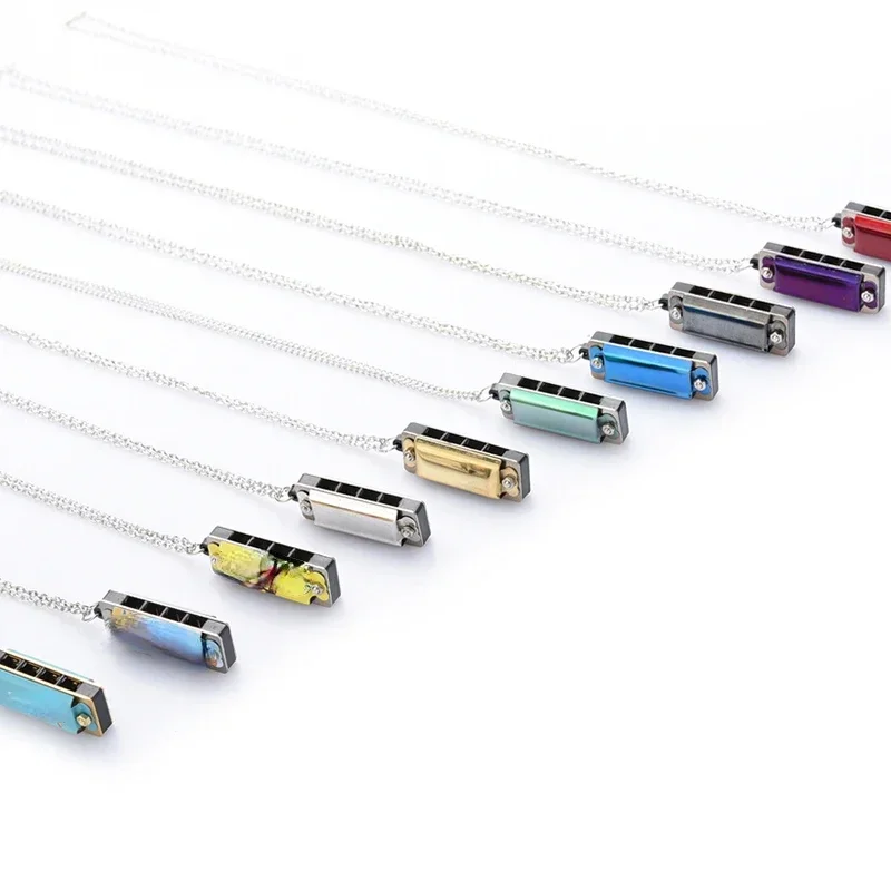 2pcs Mini 4 Hole 8 Tone Harmonica Metal Necklace Design Chain Gift Color Random