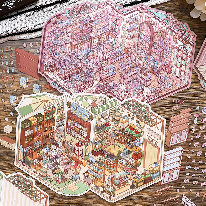 

Card Lover 4 Pcs [Code Old Times Series] Slow Scent Studio Outdoor Shop Giant Mini Shop Landscape Stickers Journal Scrapbooking
