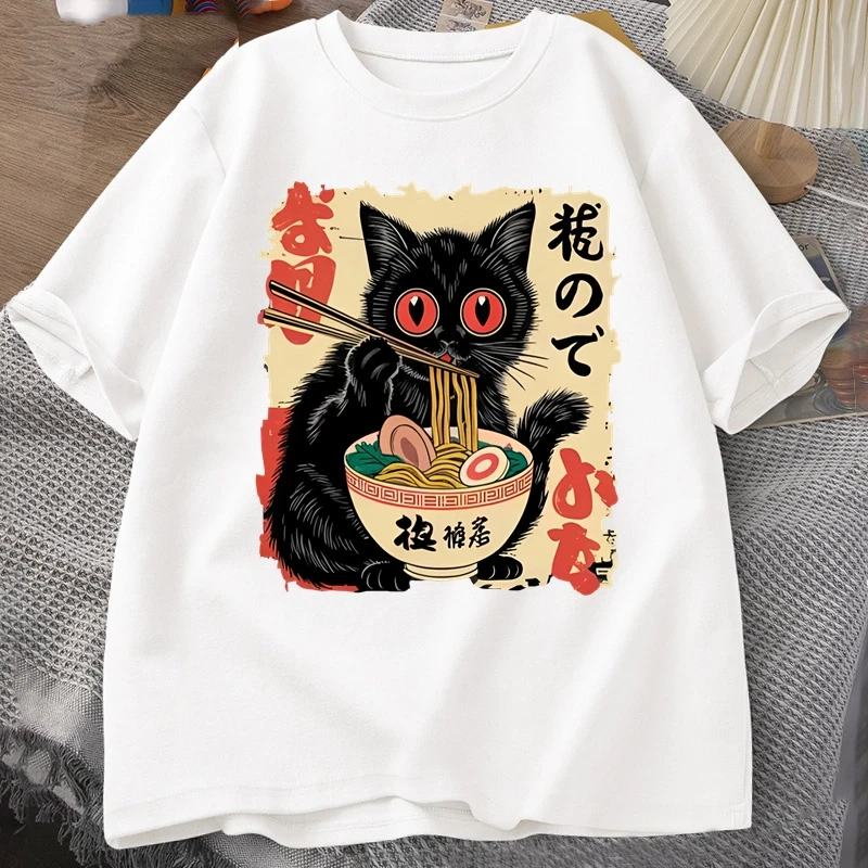 

Men's summer Japanese retro black cat eating ramen pattern Harajuku print T-shirt 100% cotton retro short-sleeved top