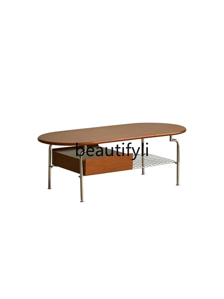 54Retro solid wood coffee table TV cabinet combination oval simple Nordic stainless steel tea tableEsmt163SSS