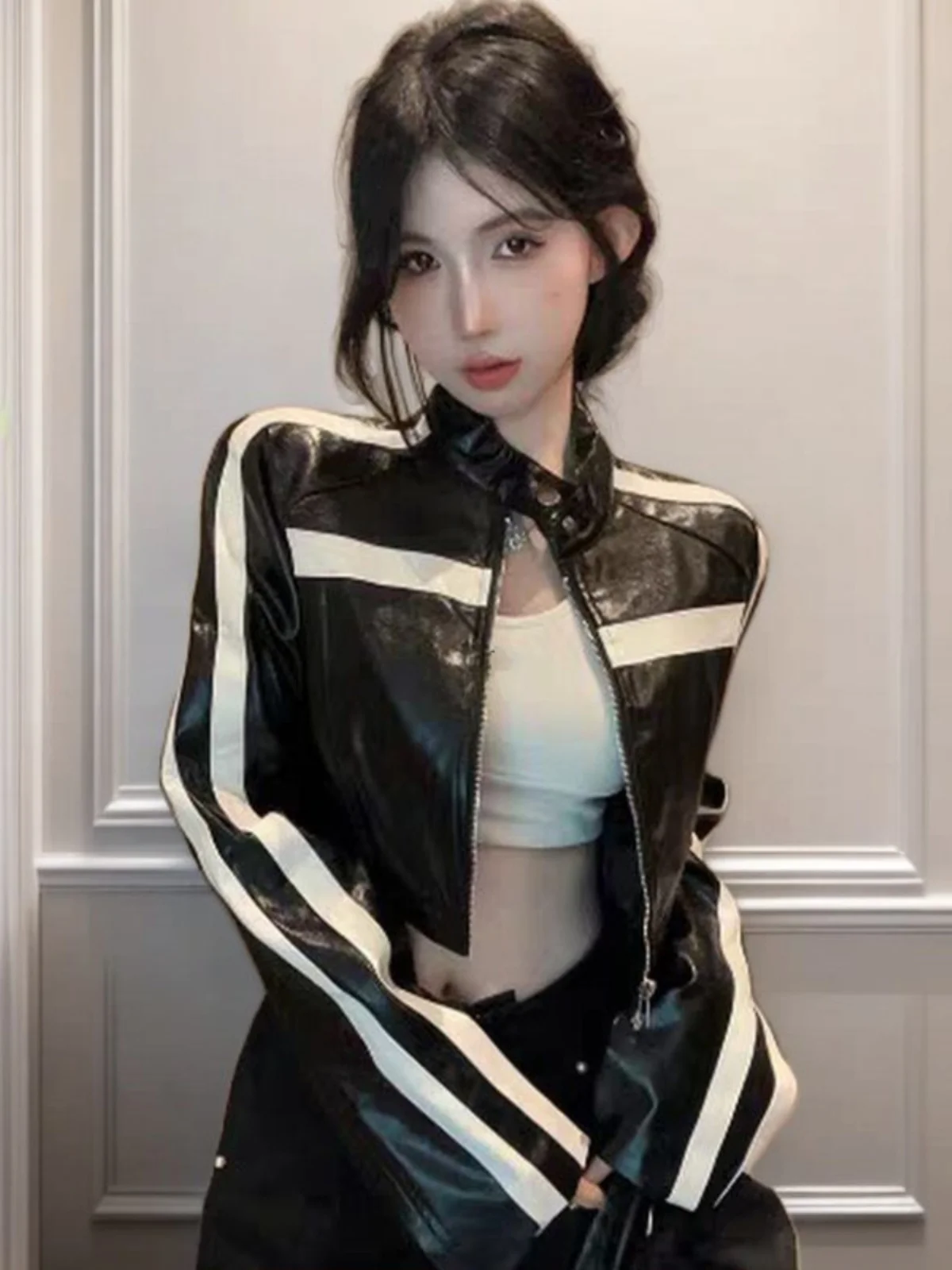 

Ретро-куртка из искусственной кожи в американском стиле для девочек, дизайнерская, мотоциклетная, с утягивающим поясом, весенняя верхняя одежда