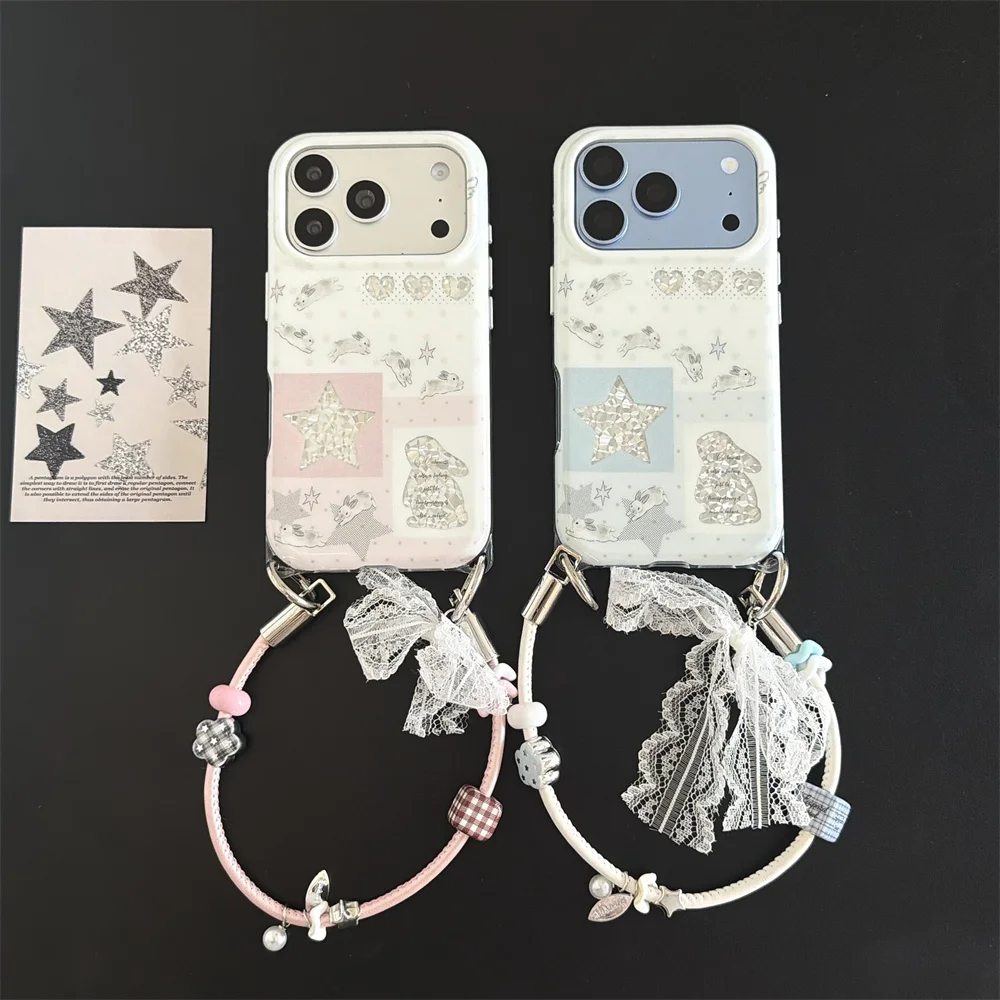 Fashion Korea Ins Glitter Stars Rabbit Phone Case For iPhone 18 Pro max 17 16 15 Cases Protective Cover Cute with Chain Funda