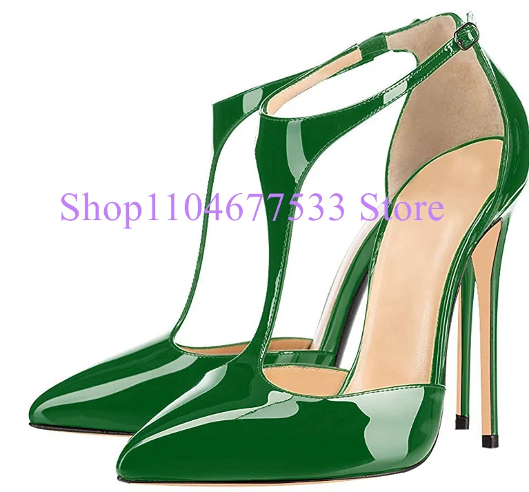 

Зеленый цвет, женские туфли на высоком каблуке с Т-образным ремешком, модные женские туфли-лодочки из лакированной кожи с острым носком, пикантные модельные туфли на шпильке, вечерние туфли