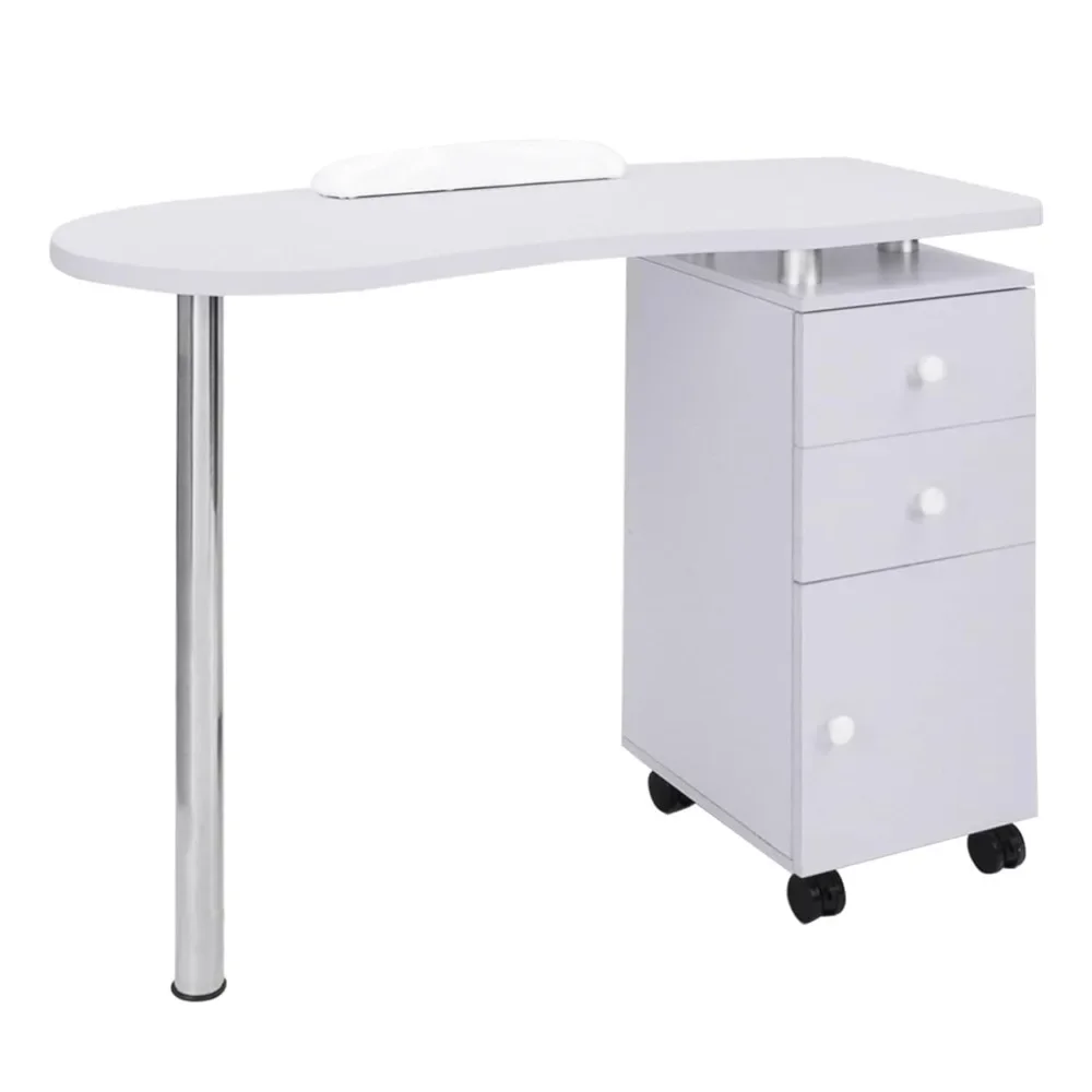 Manicure Table Nail Desk with Drawers Single Cabinet on Wheels & Arm Rest Cushion, Mobile Beauty Spa Salon Home Wooden