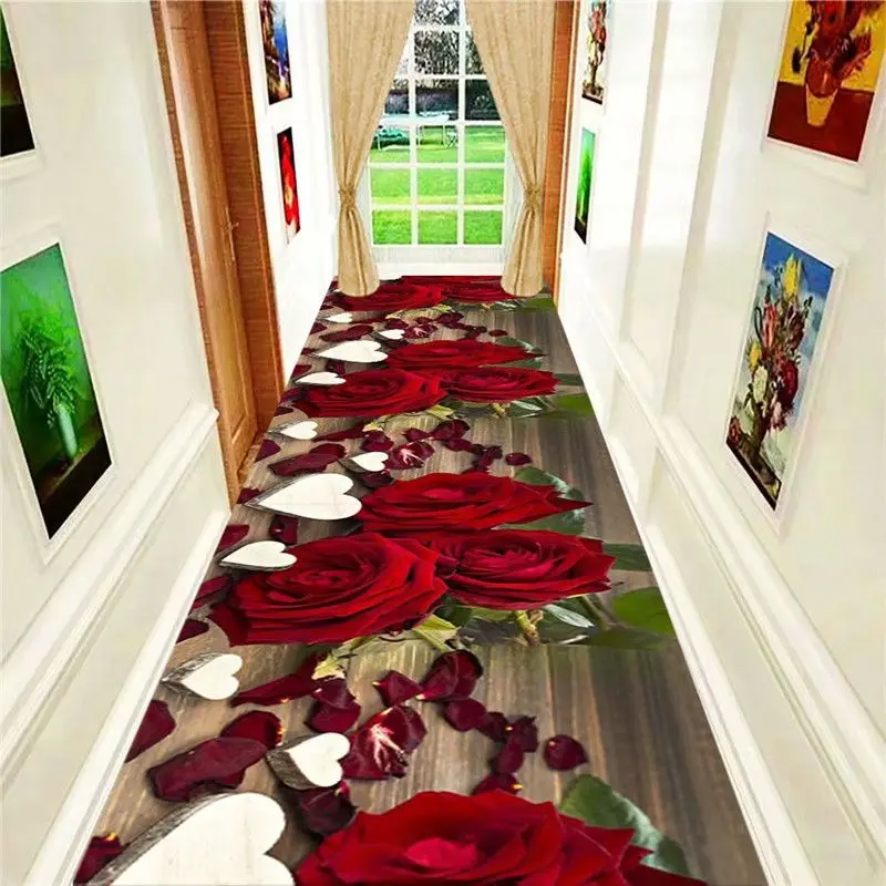 Modern Vibrant 3D Flower Style Long Corridor Carpet Decoration Home Washable Soft Rug Non-slip Lint-free Long Runner Floor Mats