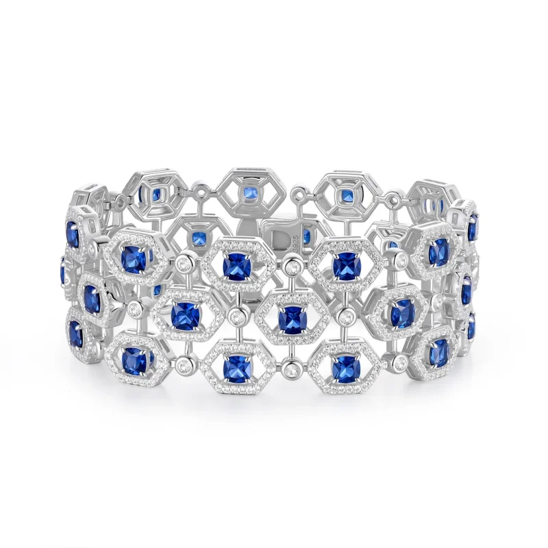 Bellux Jewelry Lab Grown Sapphire 925 Silver Plated Platinum Bracelet Starry Blue Diamond Wide Edition Hollow Luxury Bracelet