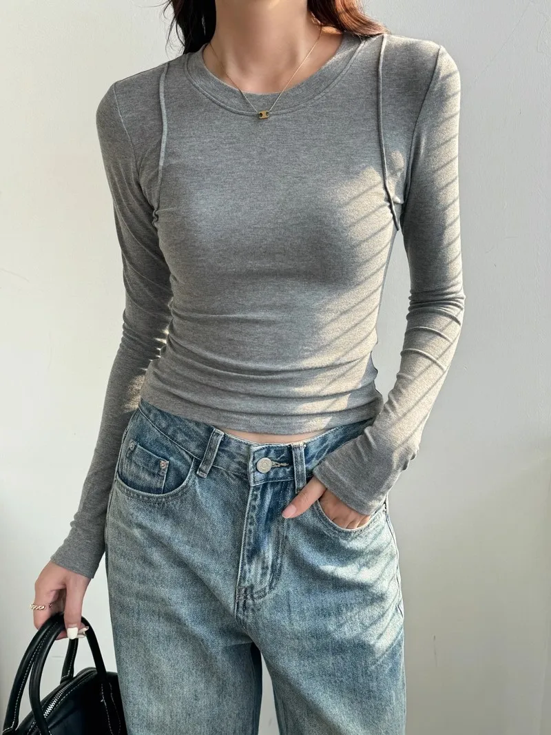

Women's Slim-Fit Soft Long-Sleeved T-Shirt Layering Base Layer Slim-Fitting Flattering Silhouette Straight-Shouldered Top