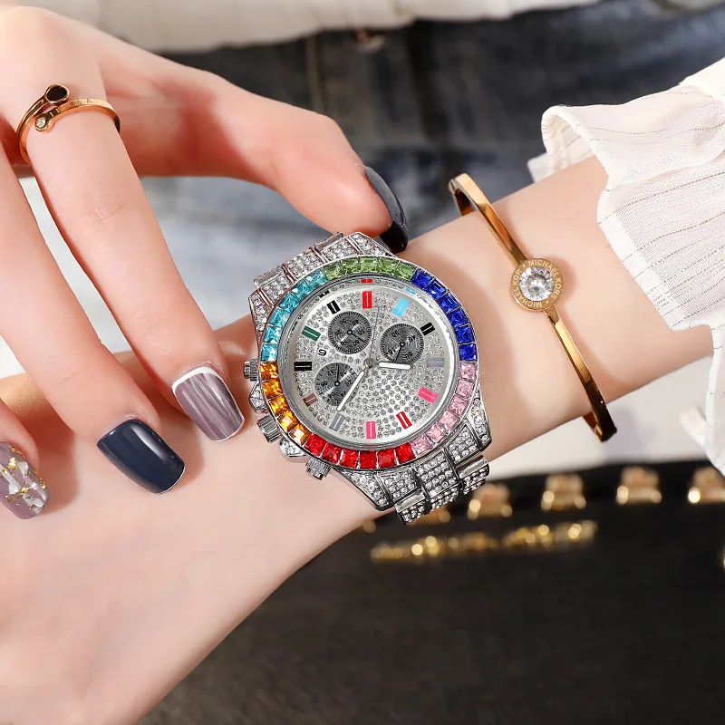 Women Watch Girl Simple Gold Dial Iced Out Quartz Clock Luxury Rhinestone Wrist Watch Big Size for Women Watches Reloj Mujer