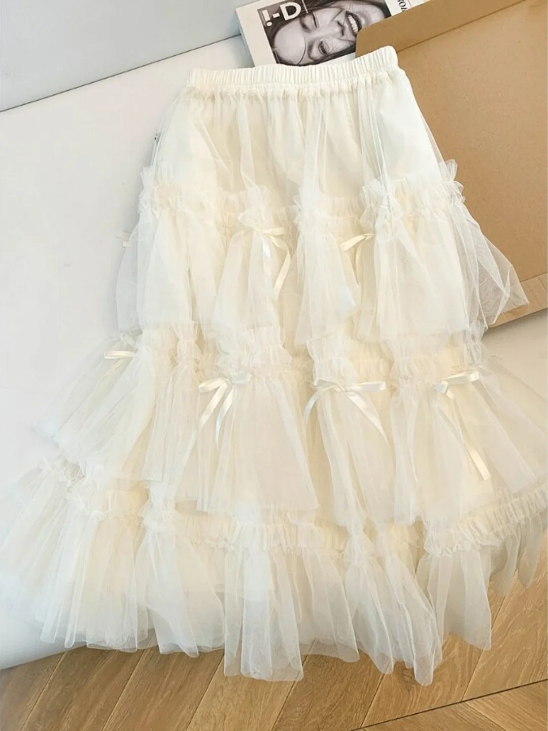 

Sweet Knot Lace Skirt High Waist A-Line Dress for Women Spring Summer New Style Slimming Cake Skirt