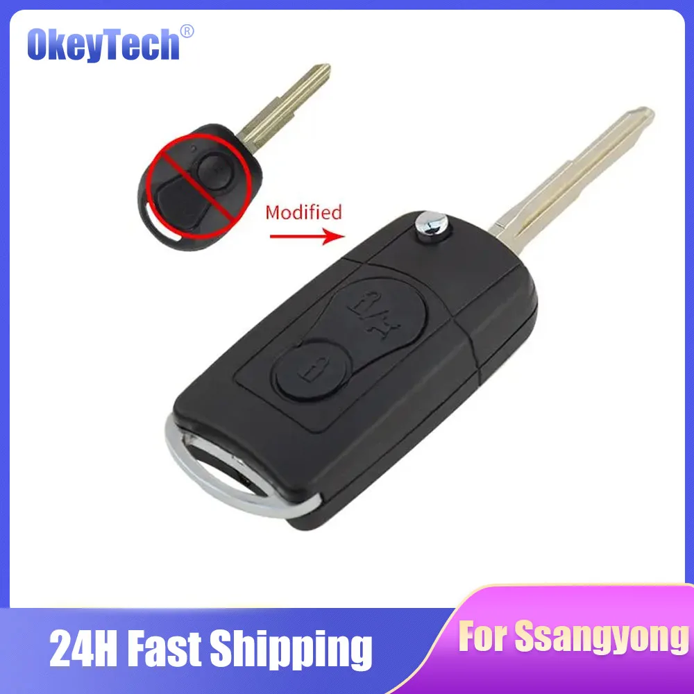 Okeytech casing cangkang kunci mobil Remote modifikasi lipat 2 tombol untuk Ssangyong Actyon SUV Kyron Rexton Key Fob pisau belum dipotong