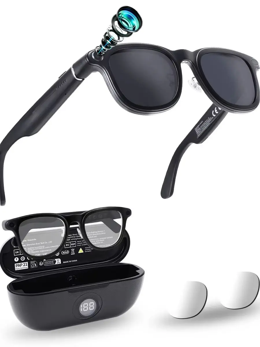Hganus 800W AI z kamerą, etui z baterią 3600mAh, okulary do inteligentnego tłumaczenia, okulary przeciwsłoneczne z funkcją nagrywania zdjęć i wideo, aplikacja ChatGPT, telefon, WIFI 4, BT 5.3 — 2