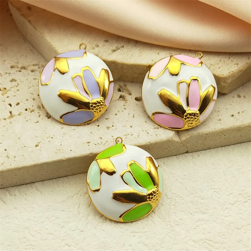 Sweet Pink Flower Pendant Girl Stainless Steel Enamel Charms Metal Earrings Bracelet Pendant Jewelry DIY Accessories ZZZ750-3