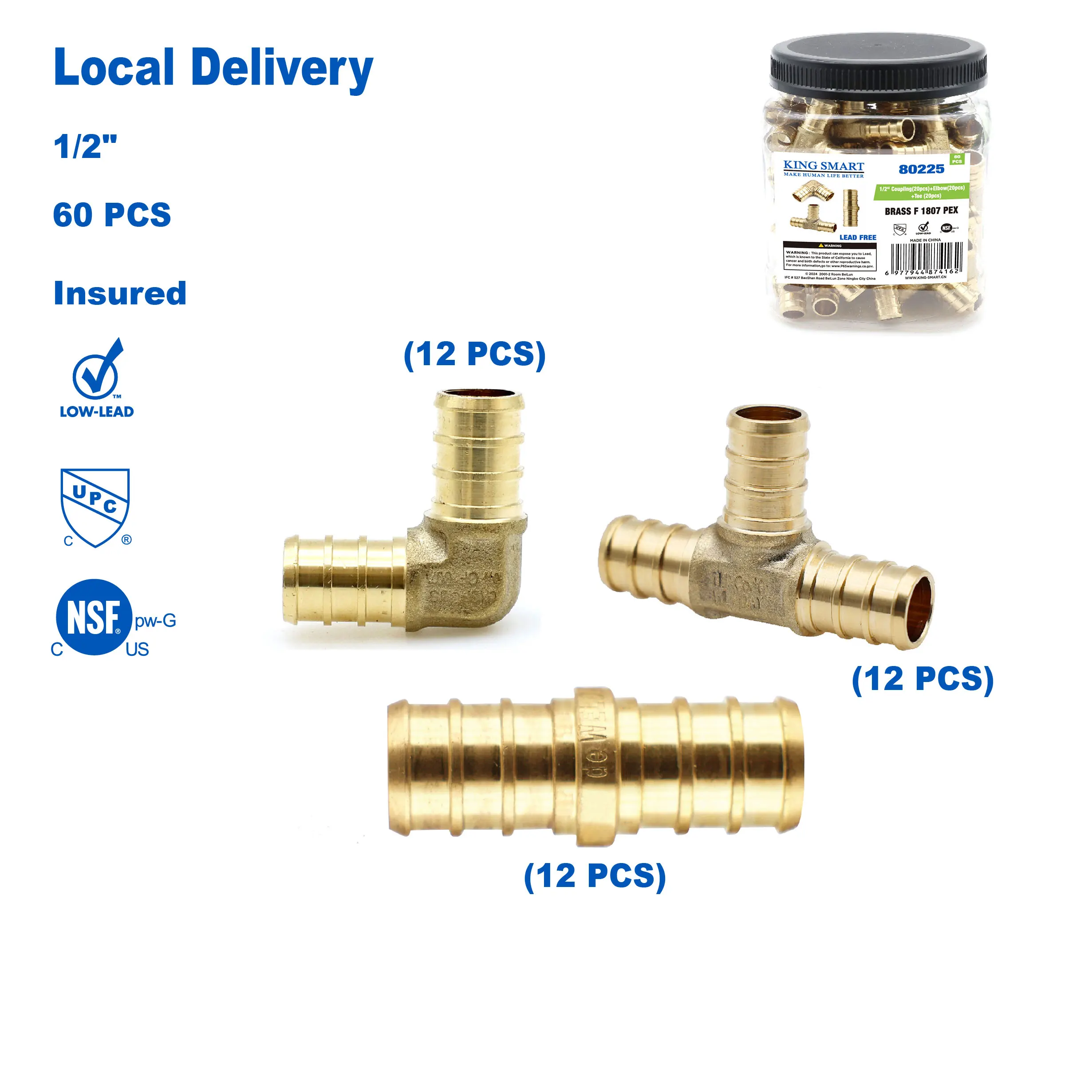 

KING SMART 1/2" Crimp PEX Tee (20Pcs), Coupling (20Pcs), Elbow (20Pcs); F1807 PEX Combo Lead Free Brass; 60 Pcs/Case; 80225