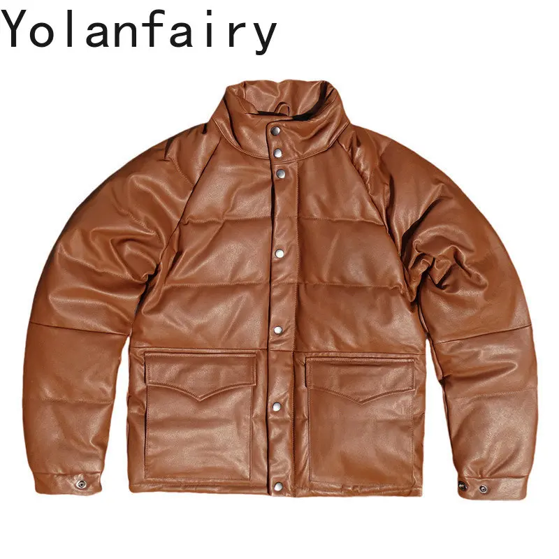 YOLANFAIRY 100% Genuine Leather Jacket Men Fashion Real Cowhide Leather Coat Man Clothes Winter Casual White Duck Down Jacket
