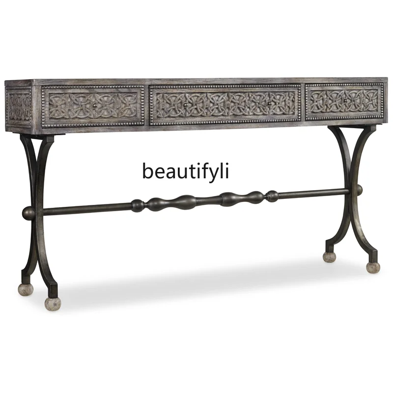 

American neoclassical entrance table, European oak carved living room foyer side table