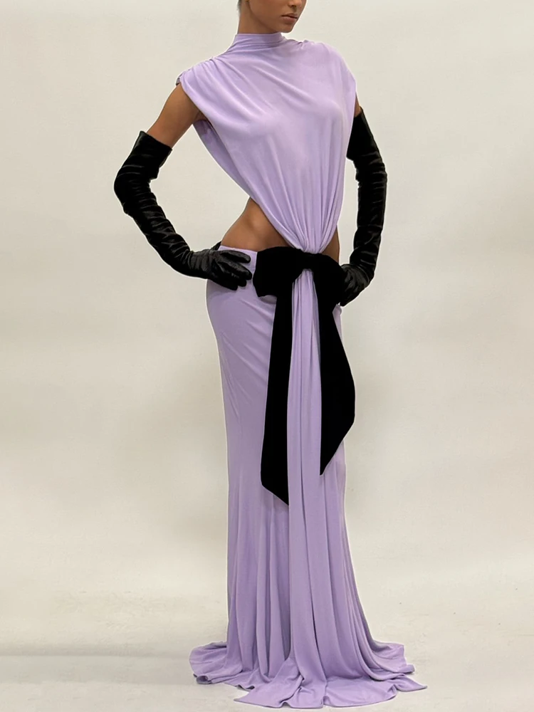 Mouwloze Lage Taille Feestjurken Zomer Vestidos Largos Asymmetrische Uitsparing Strikje Lange Jurk Vrouwen Avondjurk 2025 Nieuwe