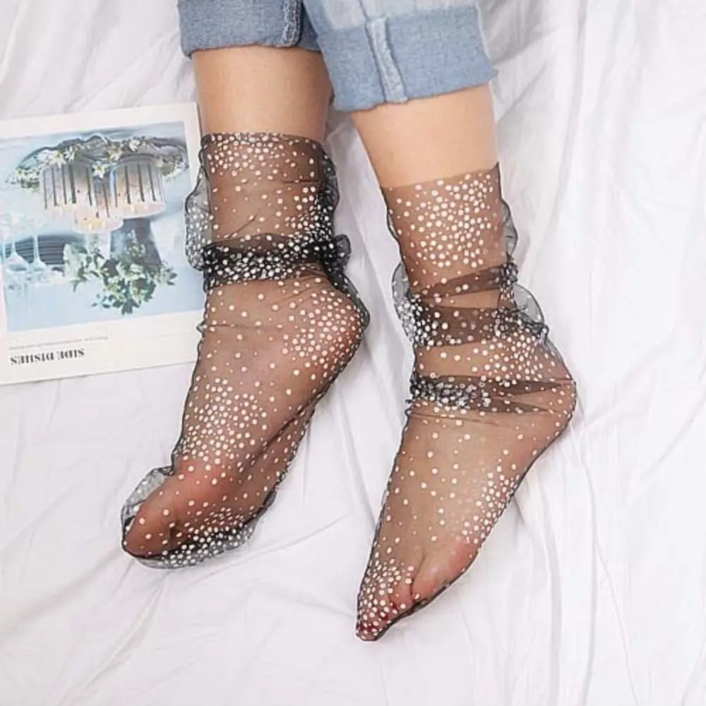 Fashion Transparent Tulle Flower Short Socks Pile Up Socks Sheer Lace Mesh Floral Middle Tube Socks Summer Lolita Summer