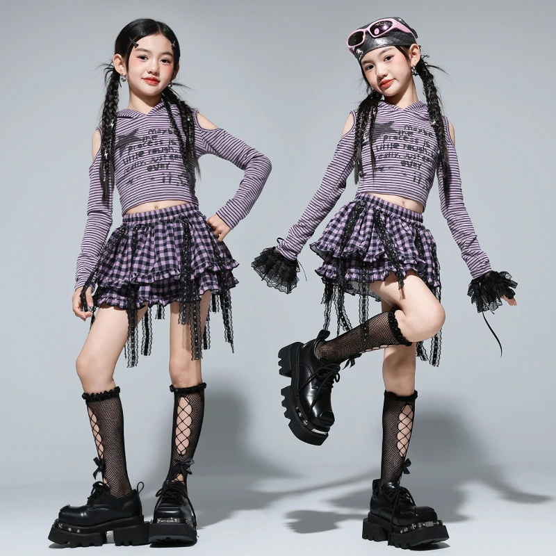 

Girls Hip Hop Striped Top Street Dance Fashion K-pop Plaid Skirts Cool Streetwear Group Jazz Cheerleader Costumes Clothes Sets
