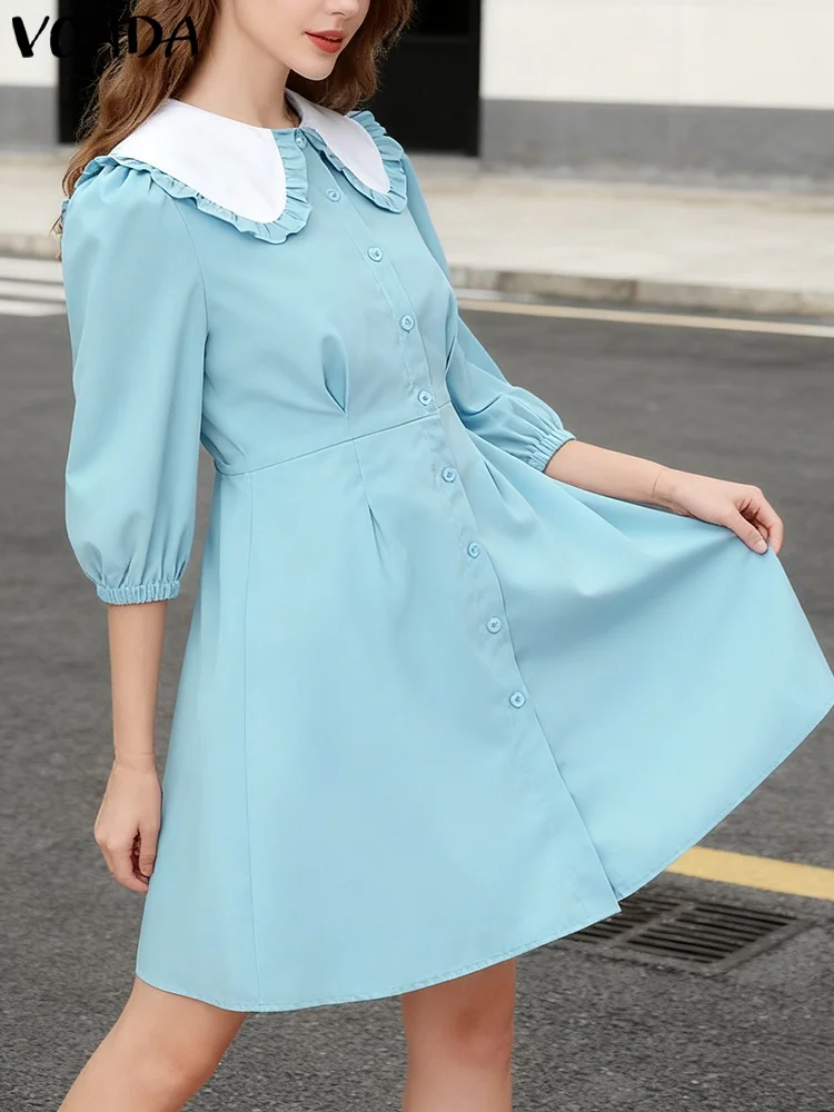 2025 VONDA Fashion Shirt Dresses Women 3/4 Sleeve Peter Pan Collar Mini Sundress Spring Buttons Casual Elegant Party Robe Femme