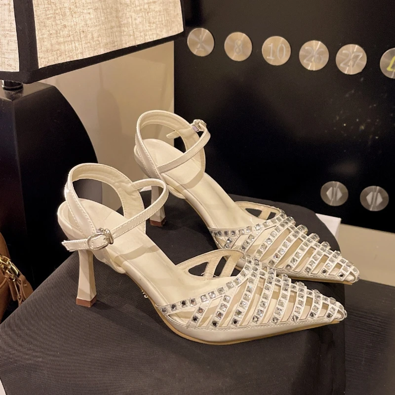 

French style Water Diamond Sandals Women's New Fashion Buckle Straps Stiletto Heel Pointed Toe Hollow Shoes Rhinestone pumps