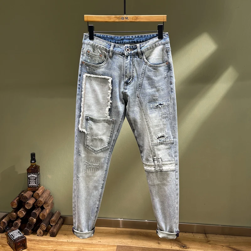 y2k fashion new jeans patch elastic slim fit wash nostalgic retro blue men's jeans hip-hop brand pants hombre