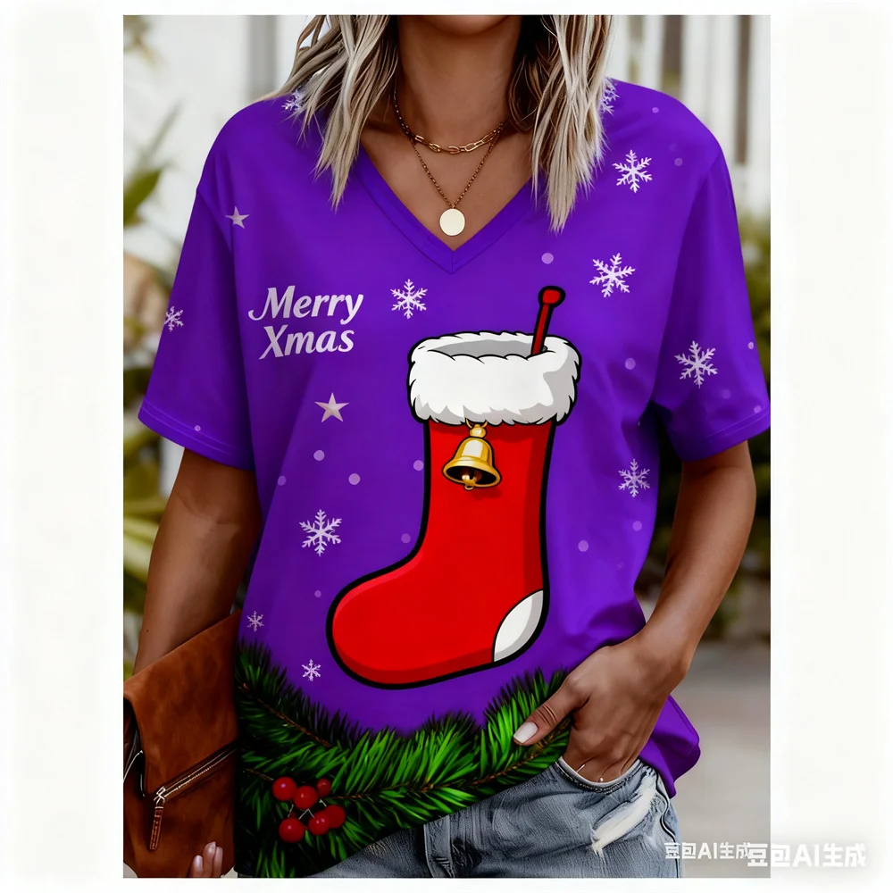 クリスマス レディース Tシャツ 3D パターンプリント V ネック Tシャツ 速乾性 新年 Tシャツ 新しい女性用トップス y2k 女性用服