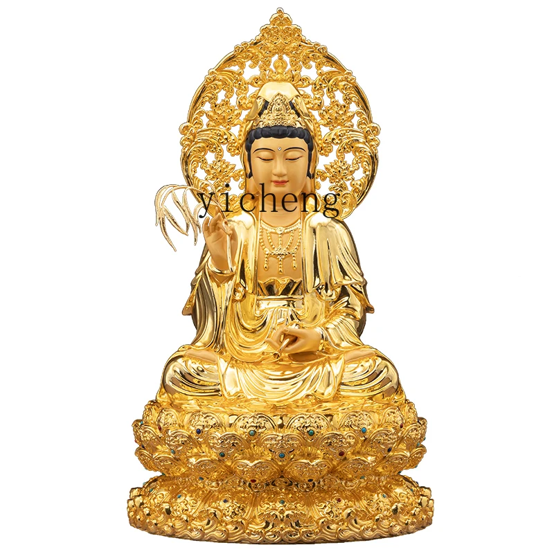 c13-pure copper lotus Guanyin Bodhisattva Buddha statue living room home worship three saints ornament