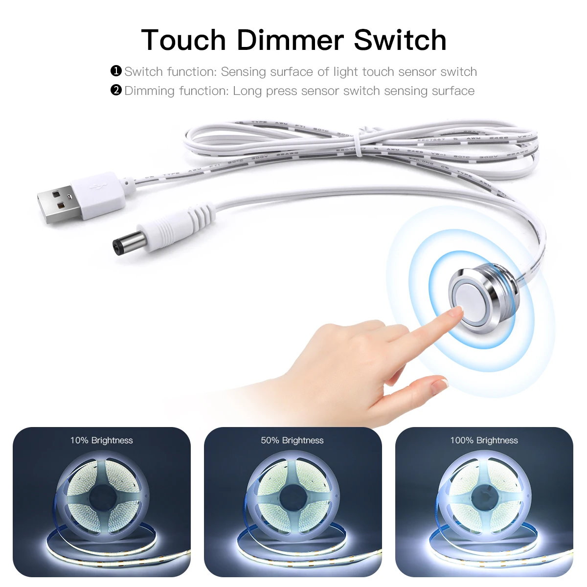 Touch Dimmer Switch 5V USB COB LED Strip Light nastro dimmerabile 320LED/M per la decorazione della stanza retroilluminazione illuminazione della