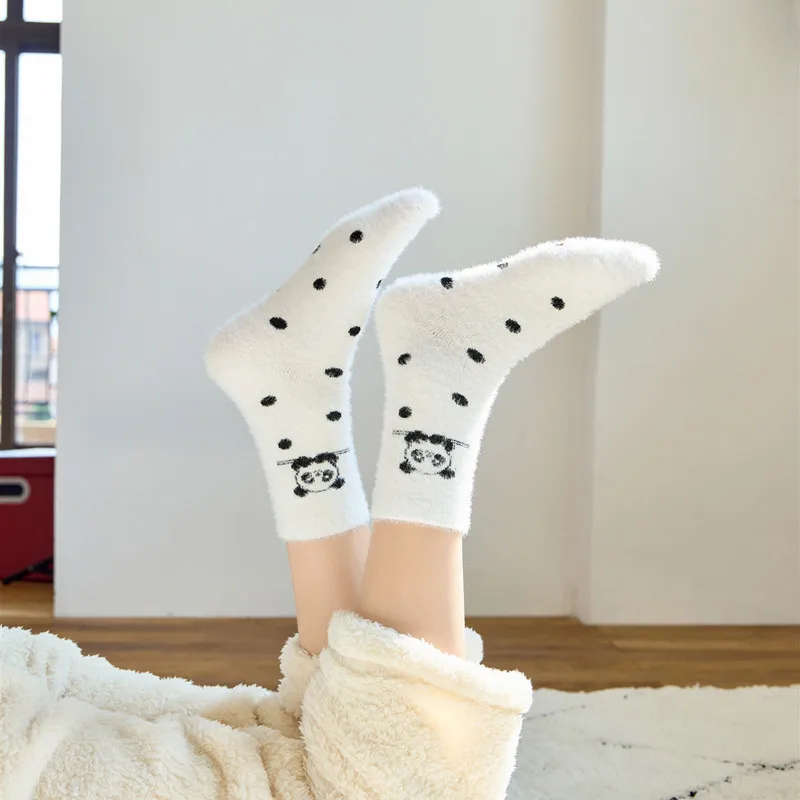 Winter Warm Thick Floor Sleep Socks Set Cute Cartoon Panda Socks for Women Kawai Thermal Fluffy Girl Middle Tube Socks