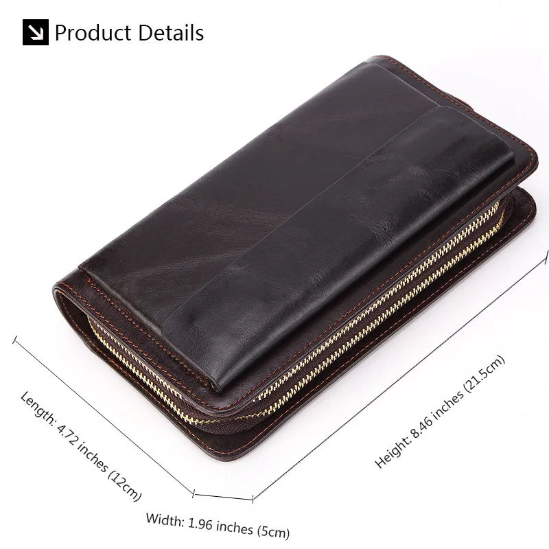 New Large Capacity Men Wallets Genuine Leather Handbags Name Customized Retro Male Purse Phone Bag Zipper Mens Clutch Money Clip