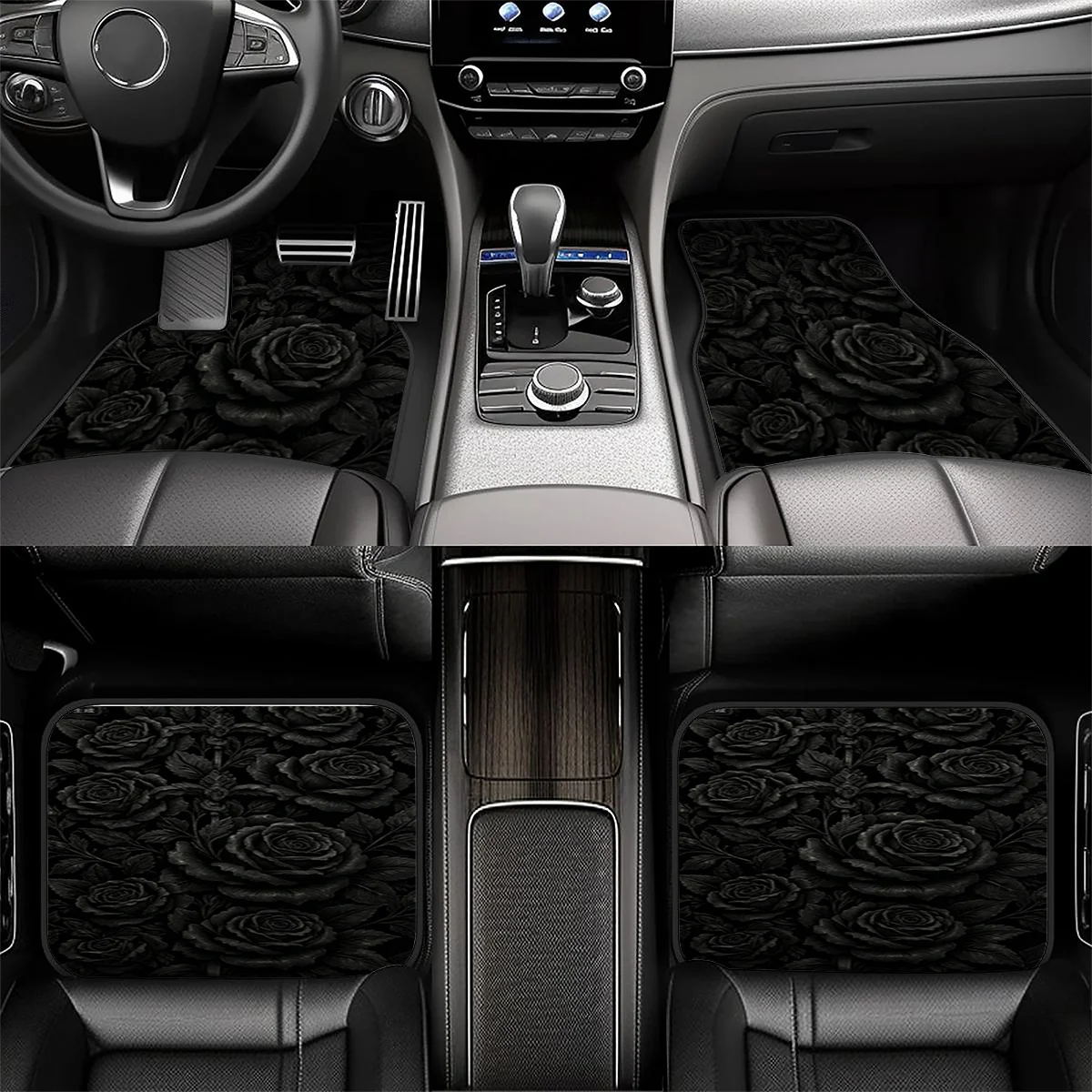 4pcs Set Black Rose Embossed Car Floor Mats | Universal Front And Rear Floor Mats | Material, Dust-Proof And Wear-Resistant | Co